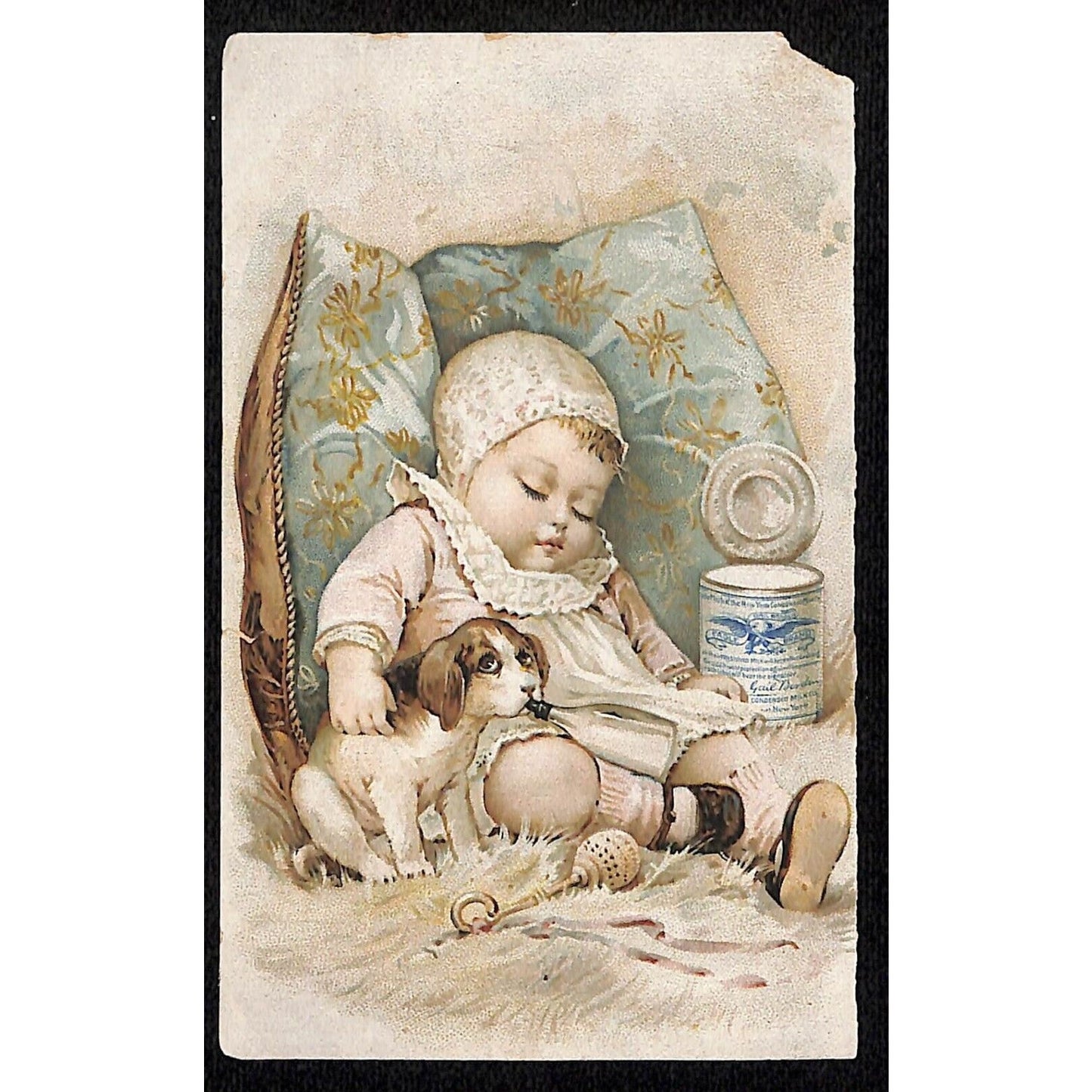 Gail Borden Eagle Brand Milk Victorian Trade Card Baby Sleeps Dog Sucks Bottle