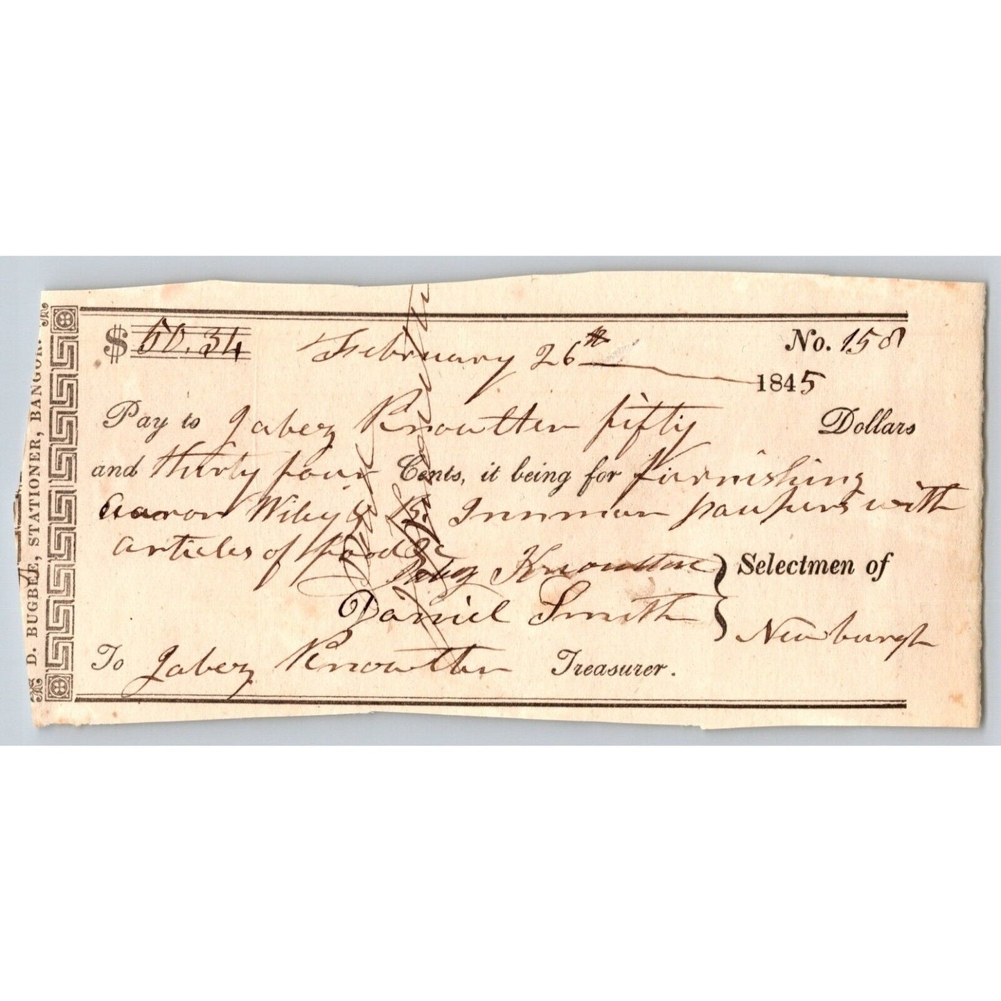 1845 Jabez Knowlton* Newburgh ME Town Check "Jabez ____tler"