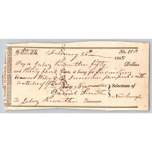 1845 Jabez Knowlton* Newburgh ME Town Check "Jabez ____tler"