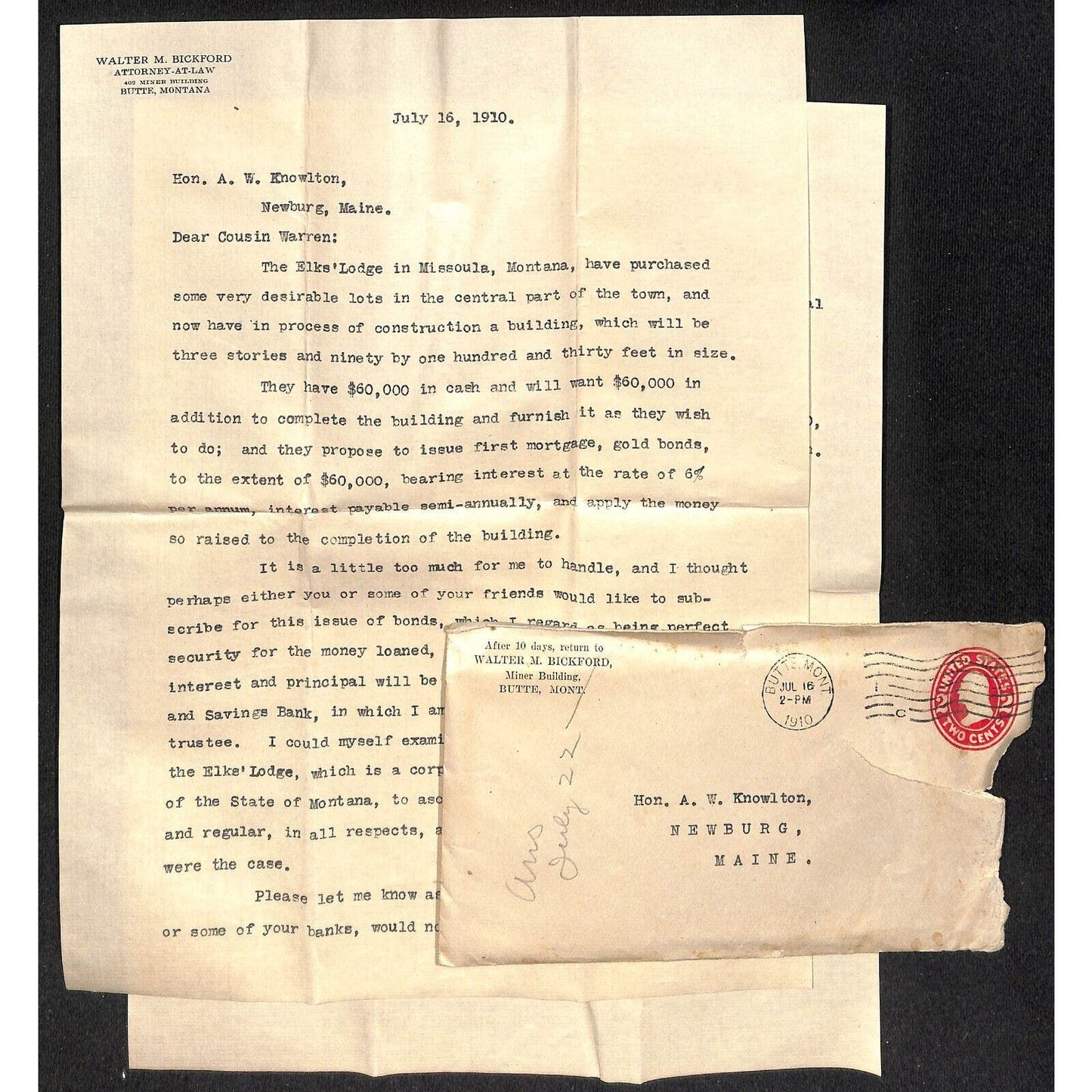 Walter Bickford Butte, MT Attorney 1910 Letterhead re: 6% Bonds RE Project VGC