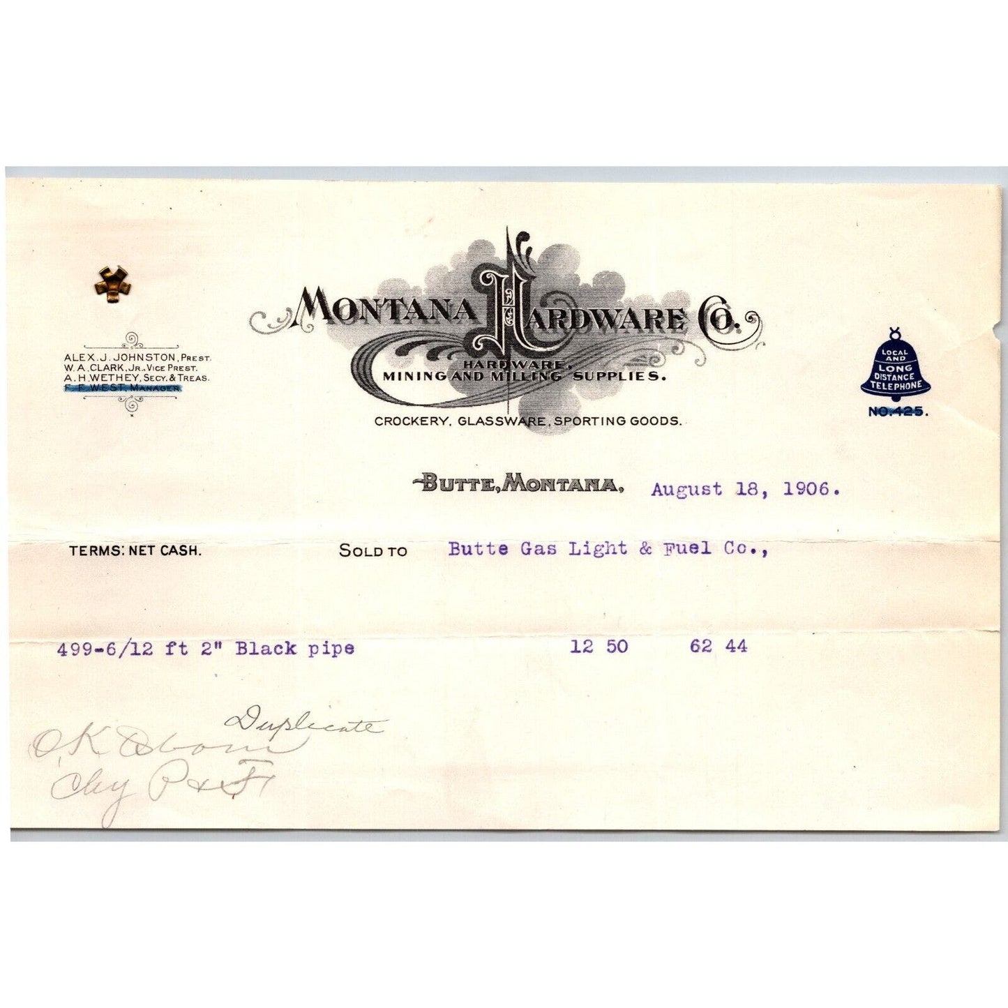 Butte Montana Hardware Co. Mining Supplies Bell System 1906 Billhead