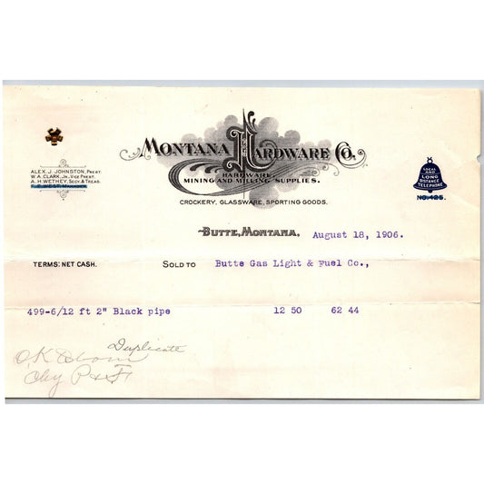 Butte Montana Hardware Co. Mining Supplies Bell System 1906 Billhead