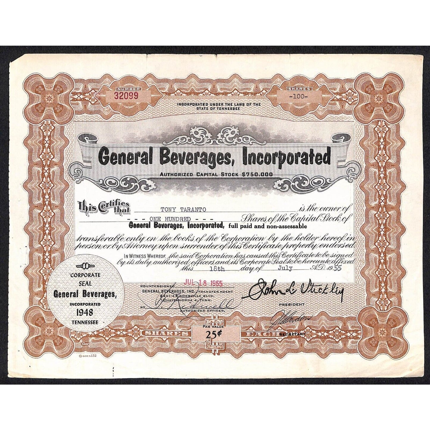 General Beverages, Inc.* Tennessee 1955 Stock Certificate to Tony Taranto