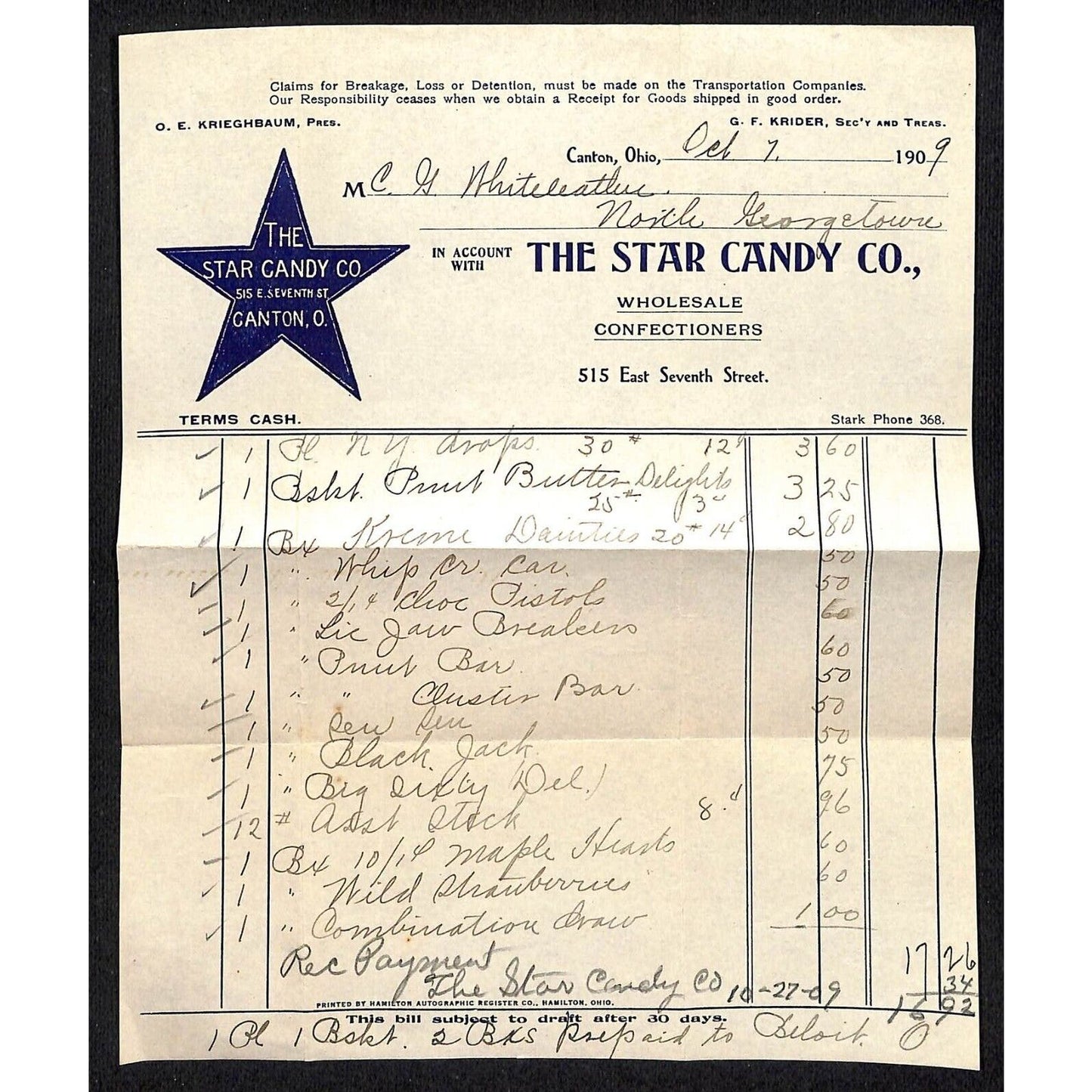 Star Candy Co. Canton, OH 1909 Billhead Whiteleather* North Georgetown , OH