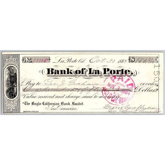 Bank of La Porte Check George J Graham 1884 Mining Vignette #13115