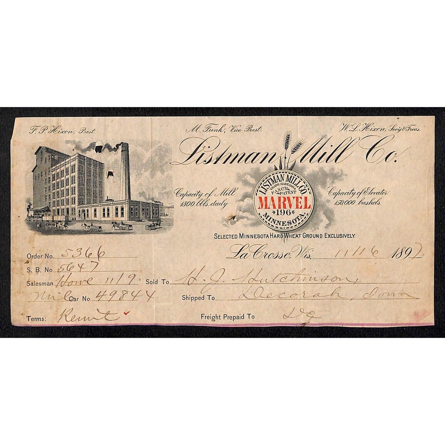 Listman Mill Co. Marvel Flour La Crosse, WI Hutchinson* 1897 Billhead Scarce