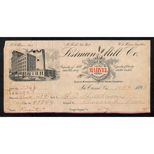 Listman Mill Co. Marvel Flour La Crosse, WI Hutchinson* 1897 Billhead Scarce