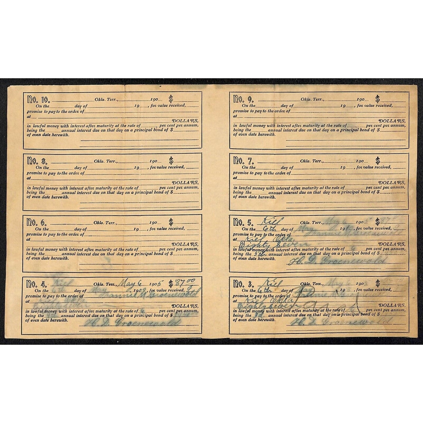1905 Sheet of Numbered Small Oklahoma Territory Promissory Notes 6.5" x 10.5"