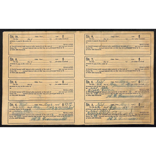 1905 Sheet of Numbered Small Oklahoma Territory Promissory Notes 6.5" x 10.5"