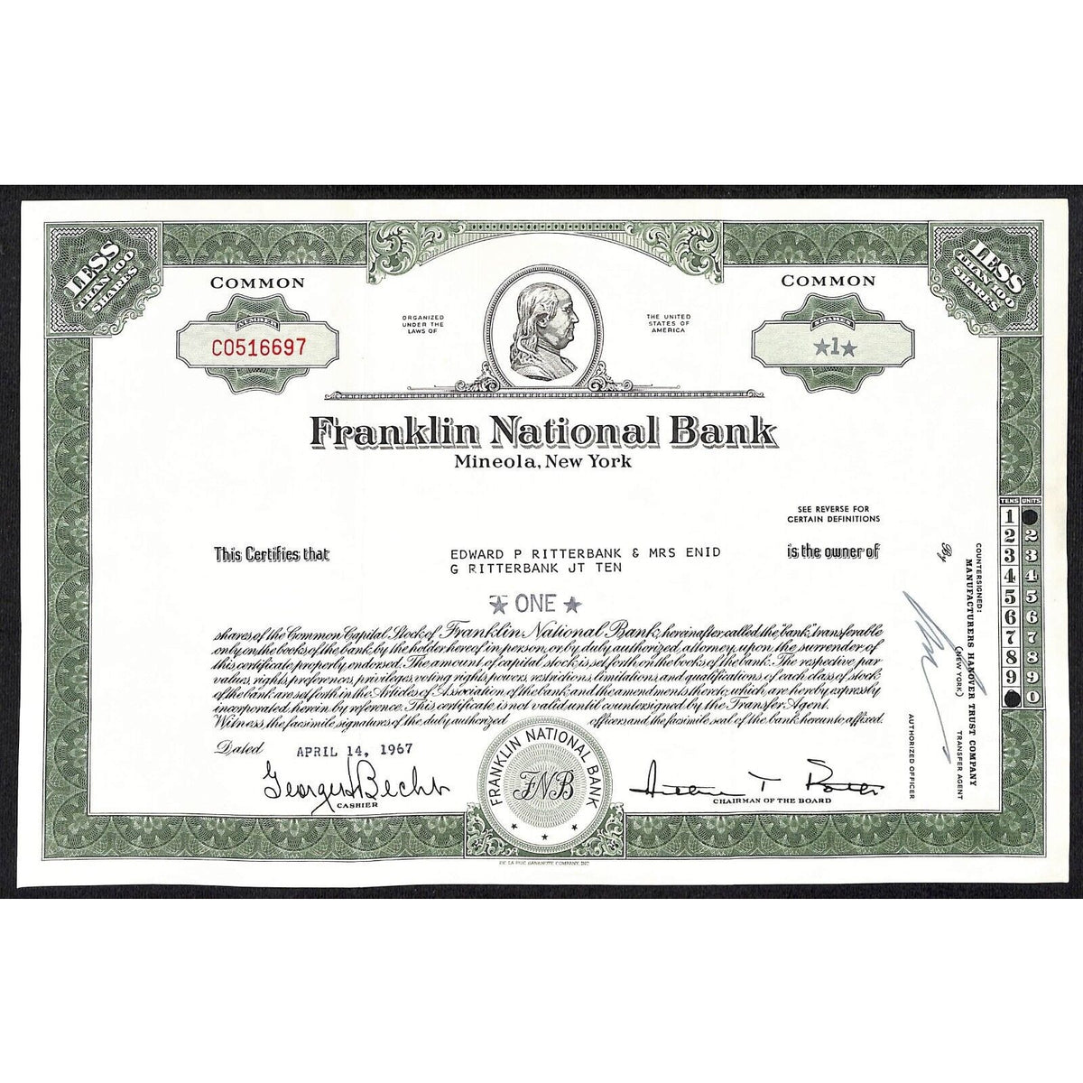 The Franklin National Bank * NY 1967 Stock Certificate Edward P. Ritterband