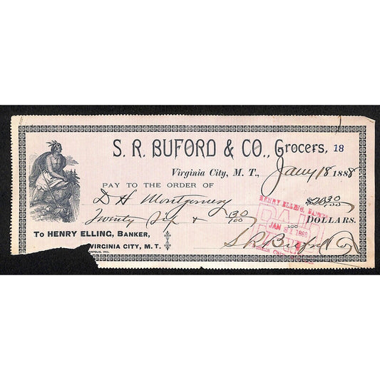 1888 Henry Elling Virginia City Montana Territory S.R. Buford Grocers Check #18
