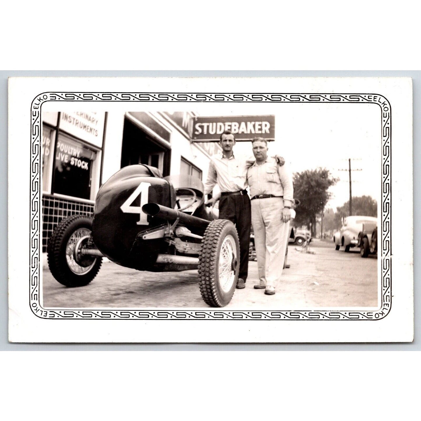 Auto Racing Car #4 in Front of Studebaker Dealer c1940's Photo 3 1/4" x 5"