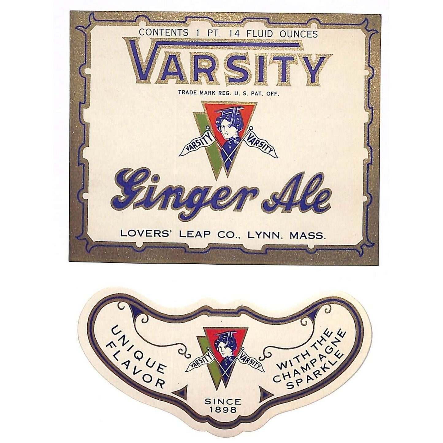 Varsity Ginger Ale Lovers' Leap Lynn, MASS Soda Bottle Label Set c1935-45