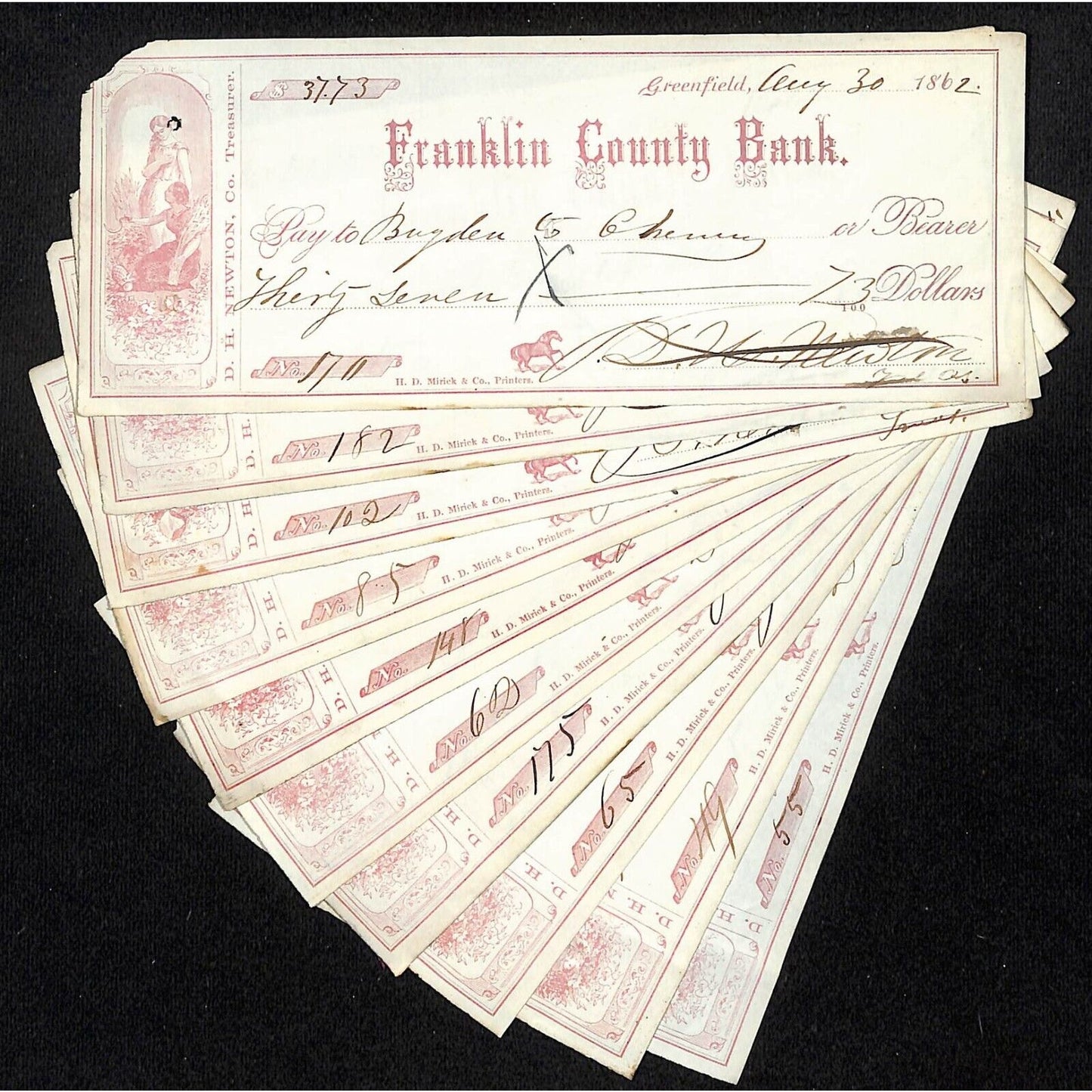 Franklin County Bank Greenfield, MA 1862 Group of 10 Bank Checks D.H. Newton