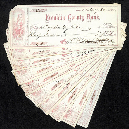 Franklin County Bank Greenfield, MA 1862 Group of 10 Bank Checks D.H. Newton