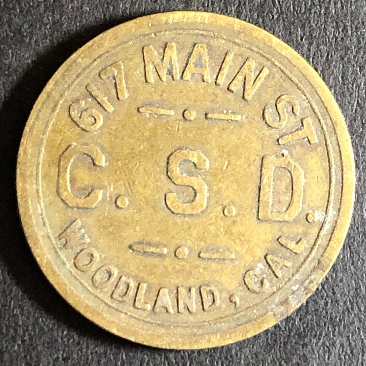 C.S.D. Charles Dunlap Cigars Woodland CA Brass G/F 5c c1920's Trade Token 21mm