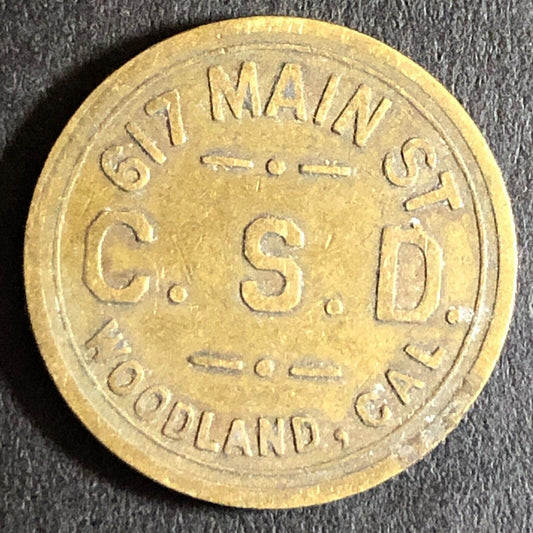 C.S.D. Charles Dunlap Cigars Woodland CA Brass G/F 5c c1920's Trade Token 21mm