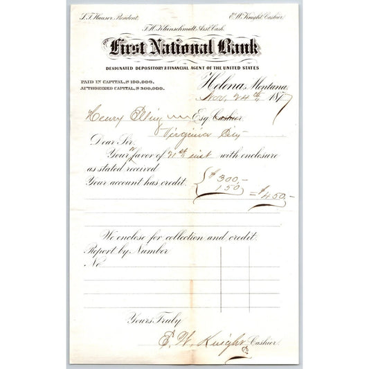 First National Bank Helena, MT 11/24 1877 Payment Advice Henry Elling*