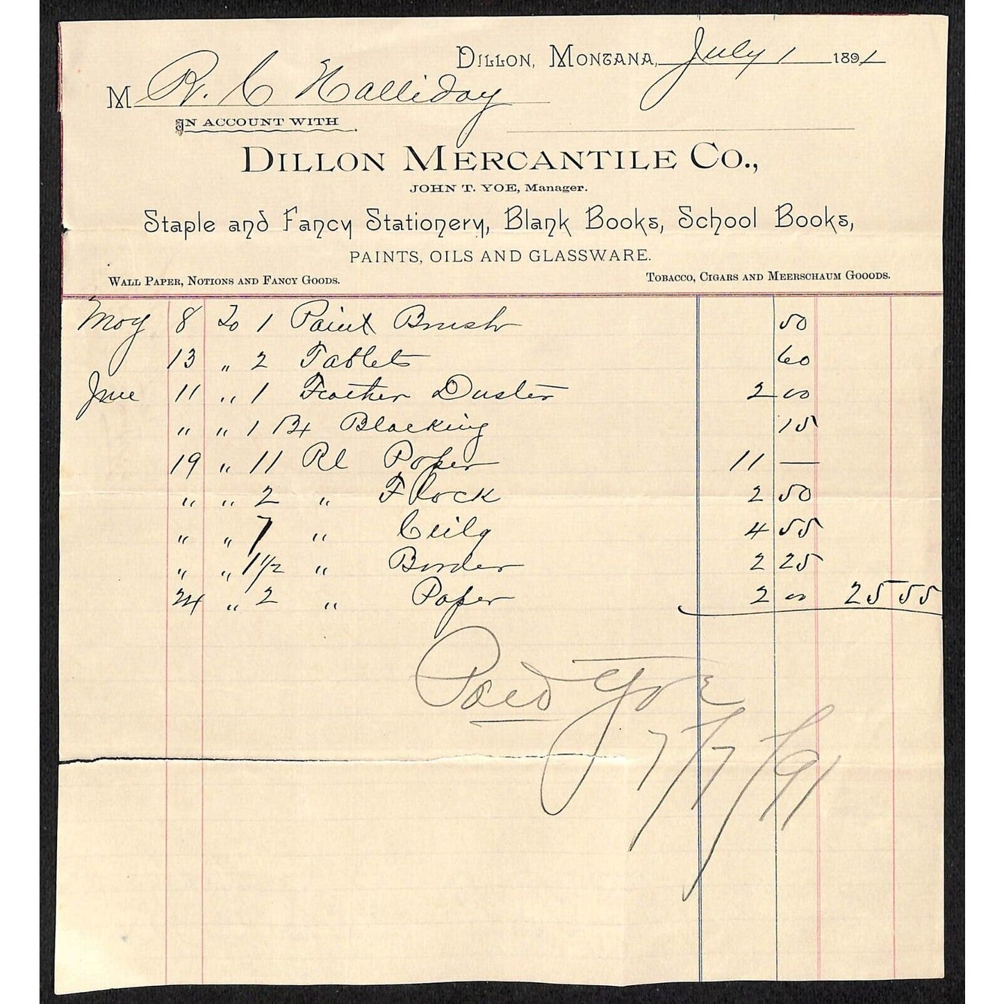 Dillon, MT Dillon Mercantile Co. Stationary Books 1891 Billhead R.C. Halliday*