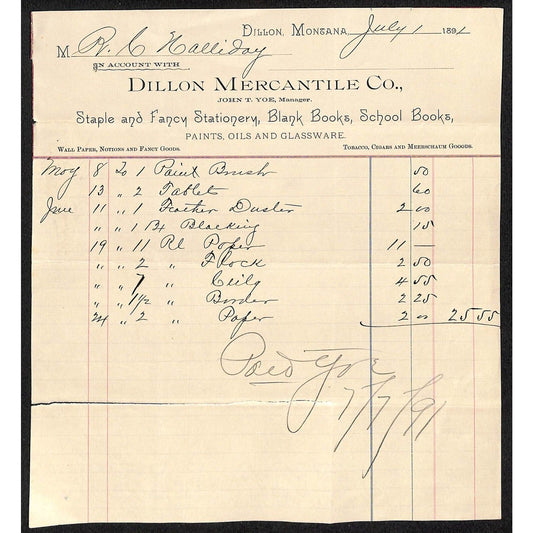 Dillon, MT Dillon Mercantile Co. Stationary Books 1891 Billhead R.C. Halliday*