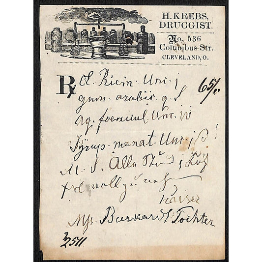 H. Krebs, Druggist Columbus St. Cleveland c1870's* Prescription #3511