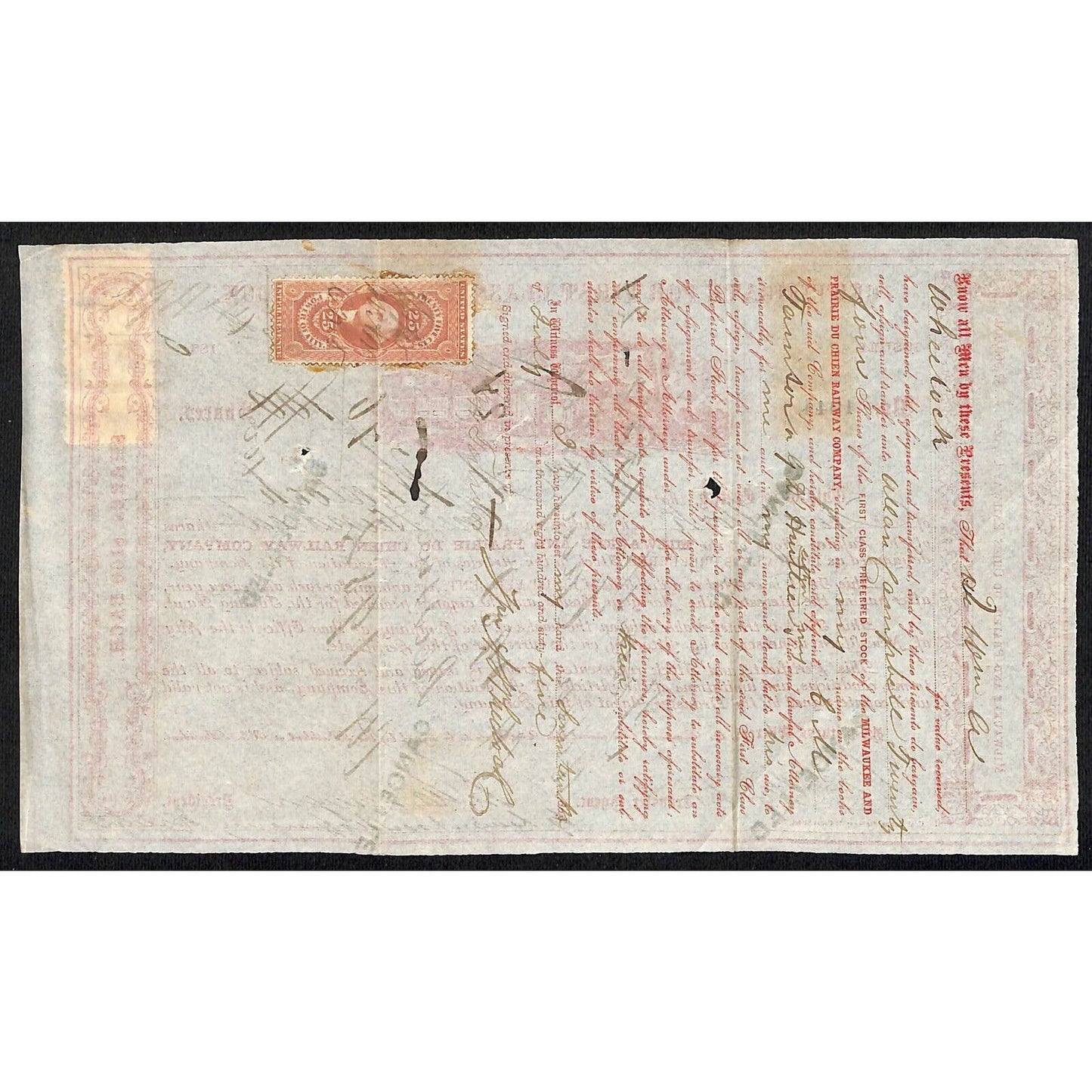 Milwaukee and Prairie Du Chien Railway 1865 Stock Certificate First Class #1944