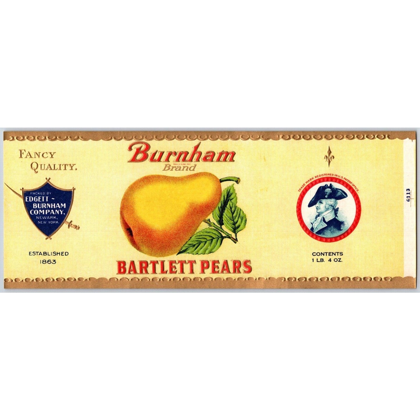 Bartlett Pears Burnham Brand Edgett Newark Paper Can Label c1940's NOS VGC