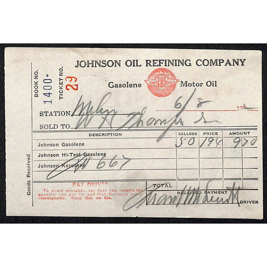 Johnson Oils Gasoline Kerosene 1926 W. H. Thompson Melvin IL #29 Station Receipt