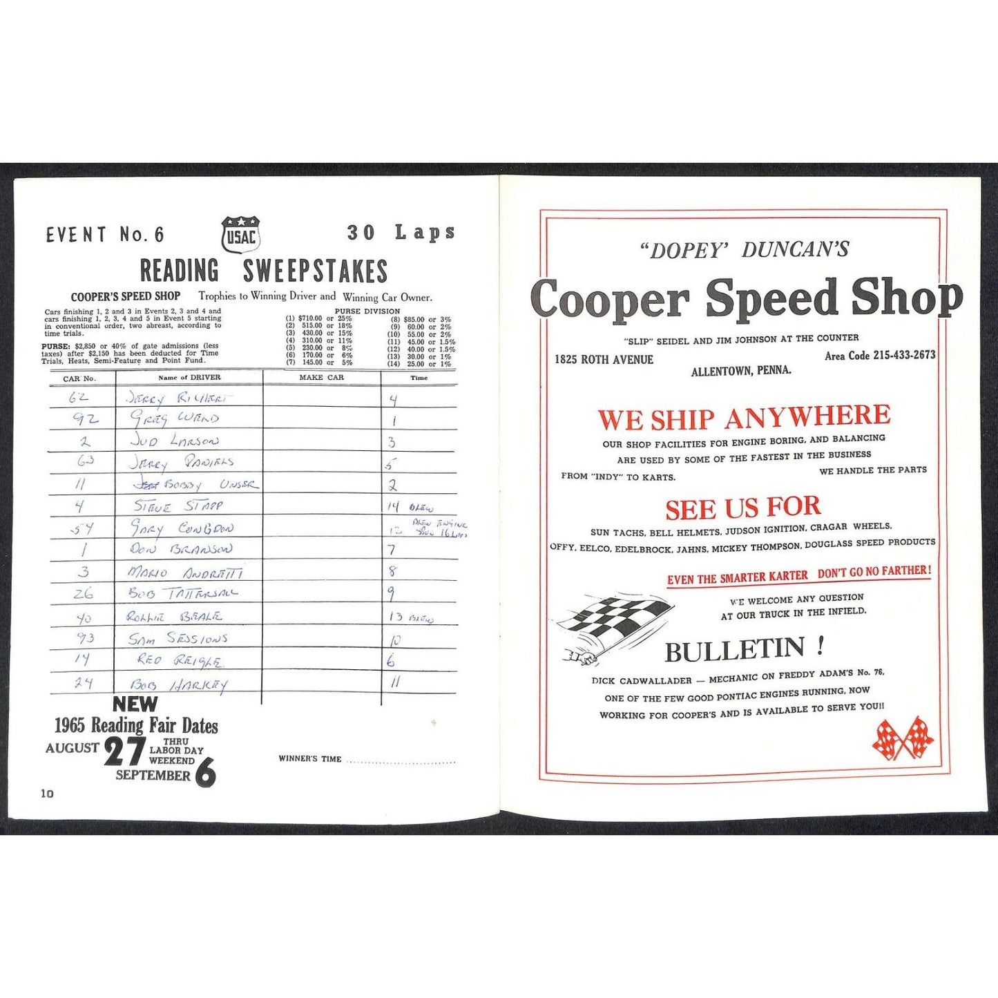 Reading Fairgrounds 1965 USAC Auto Race Program Sprint Car 6pp* A.J. Foyt Cover