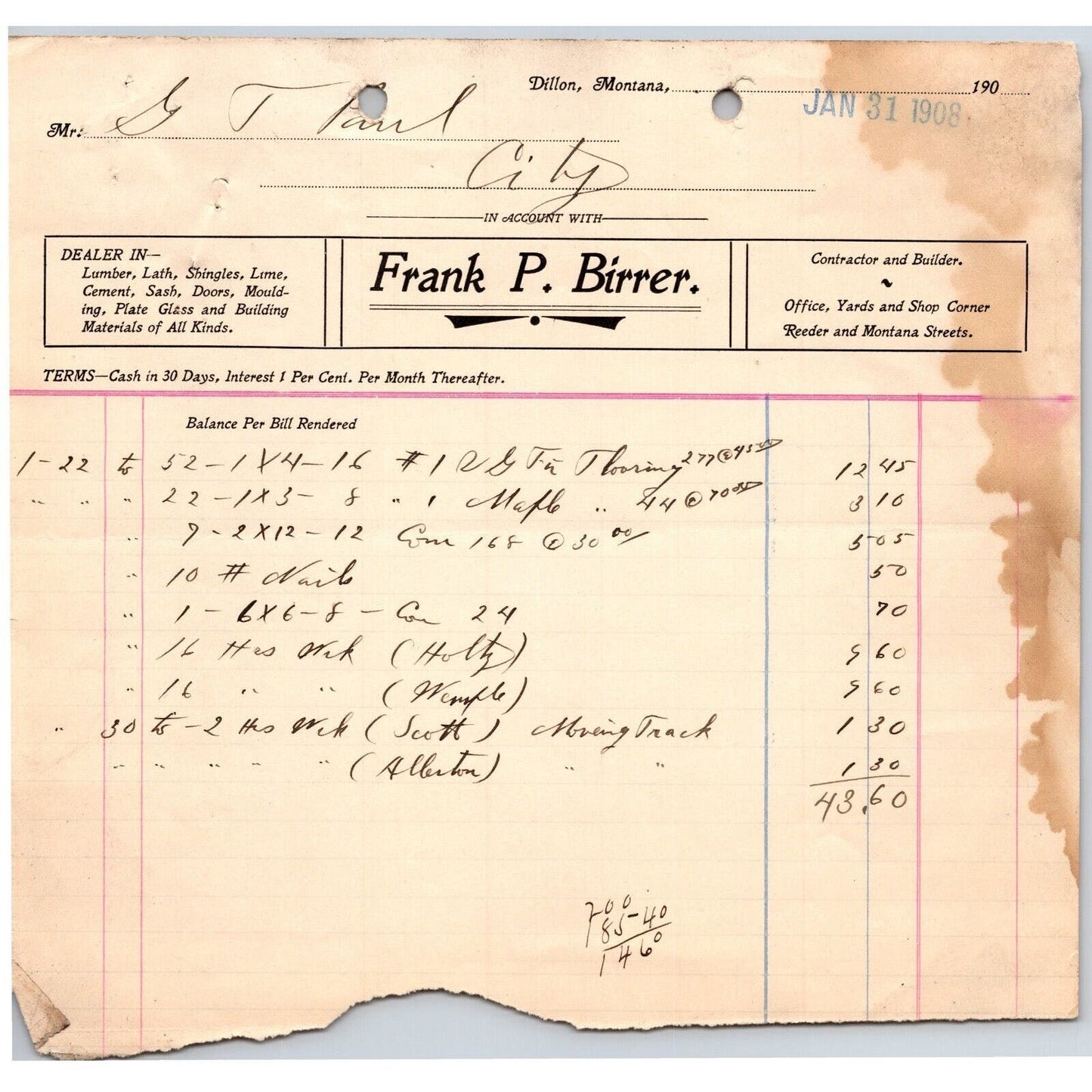 Dillon MT Frank P. Birrer Leather Lath Lime Building 1908 Billhead G.T. Paul*