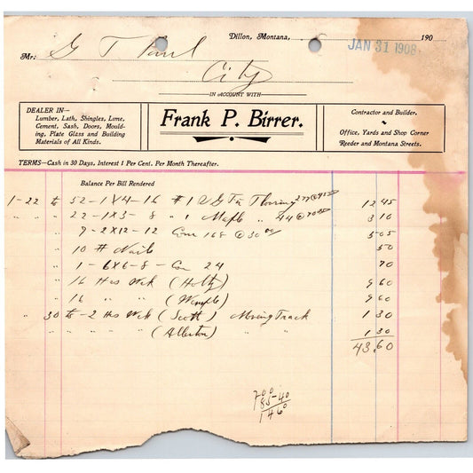 Dillon MT Frank P. Birrer Leather Lath Lime Building 1908 Billhead G.T. Paul*