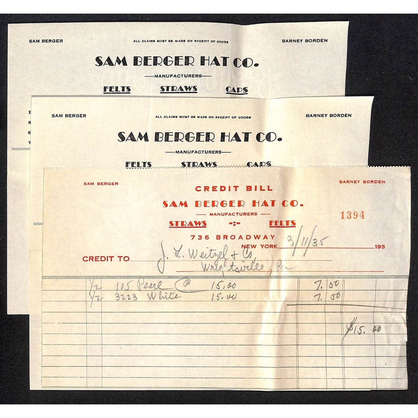 Sam Burger Hat Co. 736 Broadway NYC / Weitzel 1935 5 Billheads+ Cover