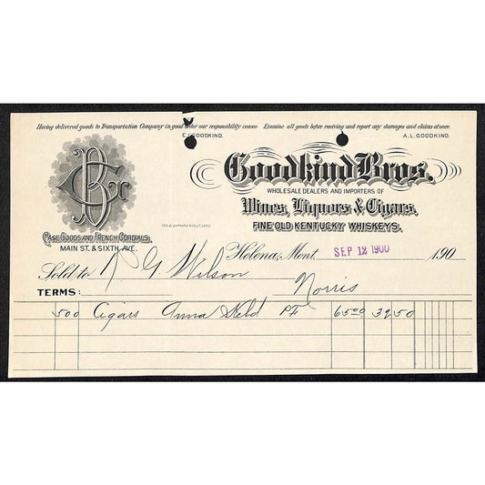 Goodkind Bros. Wines Liquors Cigars 1900 Helena, MT Billhead (#4)