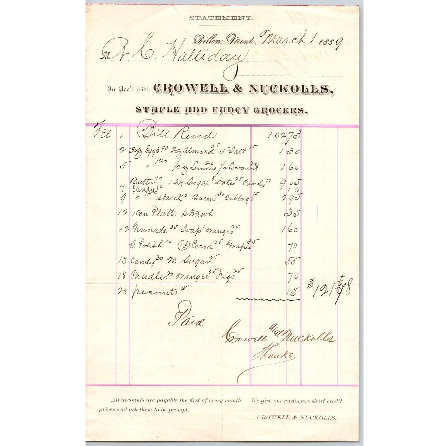 Dillon MT Crowell & Nuckolls Fancy Grocers Mar. 1889 Billhead R.C. Halliday*