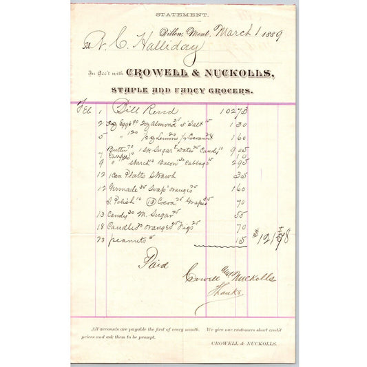 Dillon MT Crowell & Nuckolls Fancy Grocers Mar. 1889 Billhead R.C. Halliday*