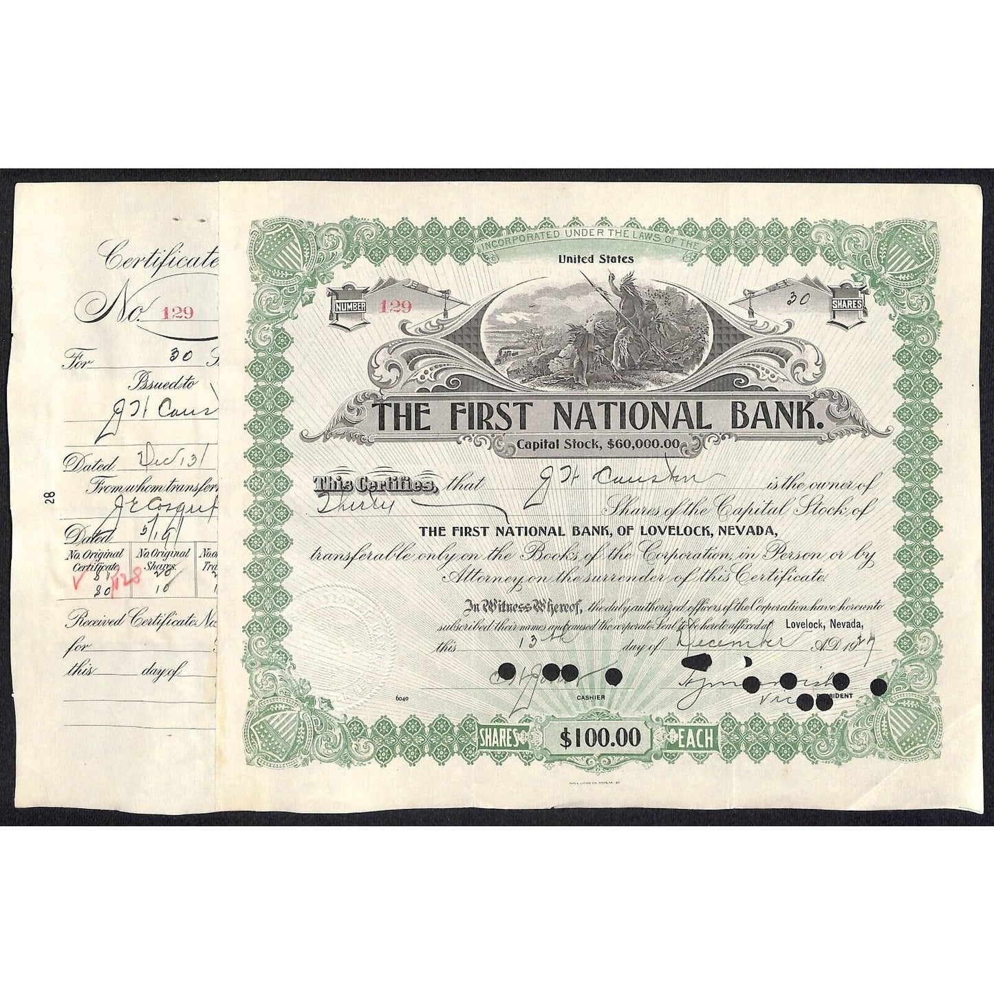 First National Bank of Lovelock, NV 1927 ? Stock Certificate to G.H. Causin ?