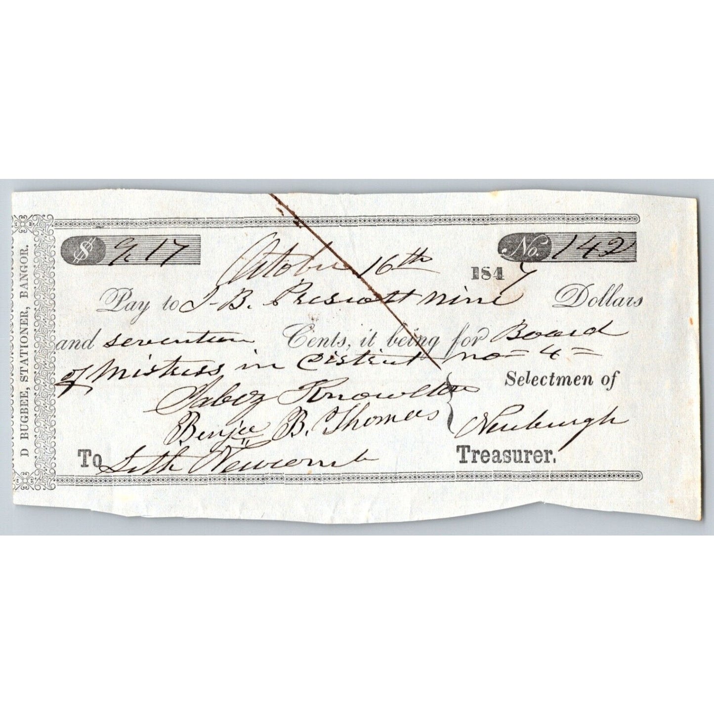 1847 Jabez Knowlton* Newburgh ME Town Check to J.B. Prescott / Board of Mistress
