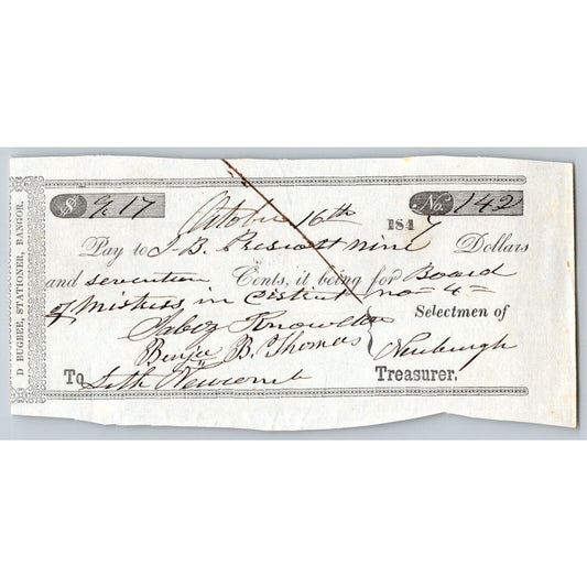1847 Jabez Knowlton* Newburgh ME Town Check to J.B. Prescott / Board of Mistress
