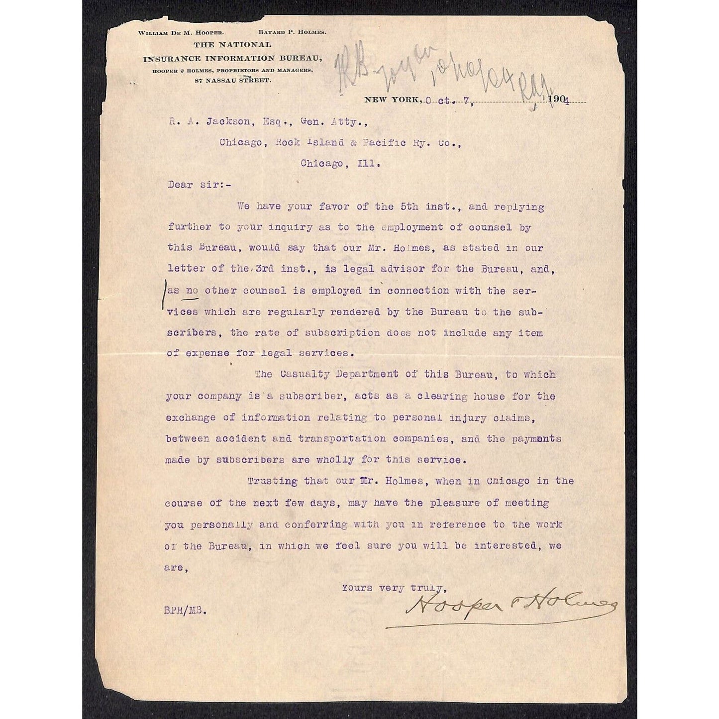 National Insurance Information Bureau 1904 Letterhead to: CRI&P Ry