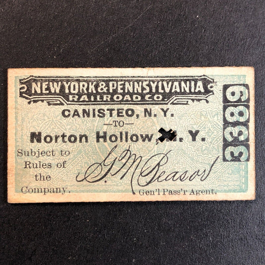New York & Pennsylvania Railroad July 5 1917 Norton Hollow Ticket #3389 Scarce