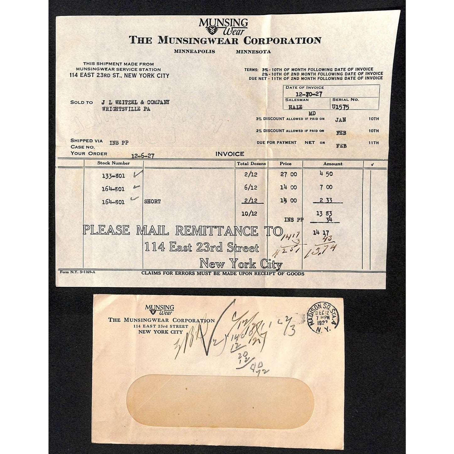 Munsingwear Munsing Wear (Underwear) 23rd St. NYC 1927 Billhead + Cover
