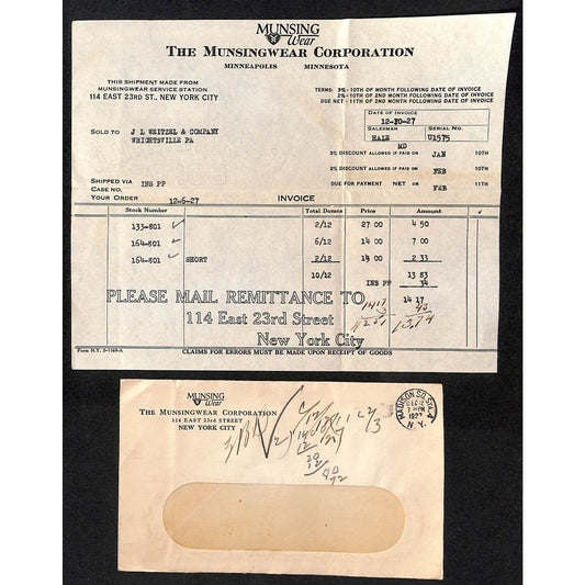 Munsingwear Munsing Wear (Underwear) 23rd St. NYC 1927 Billhead + Cover