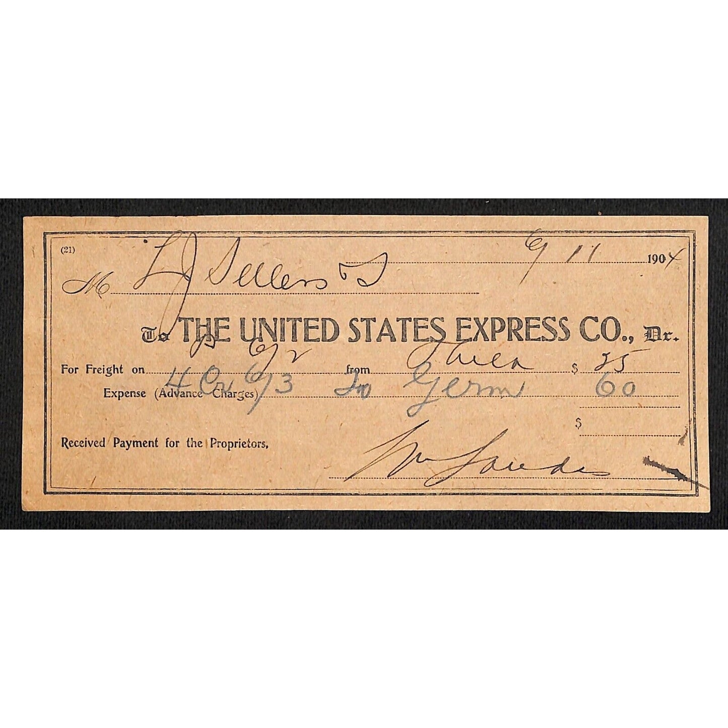 United States Express Co. 1904 Waybill / Freight Payment Receipt (#11)