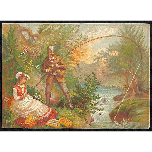 J & P. Coats Thread Victorian Trade Card 1880 Calendar Couple Fishing at Stream