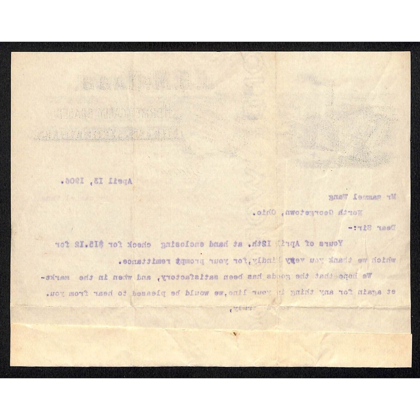 J.B. McNabb Hermetically Sealed 1906 Letterhead Samuel Wang* N. Georgetown OH