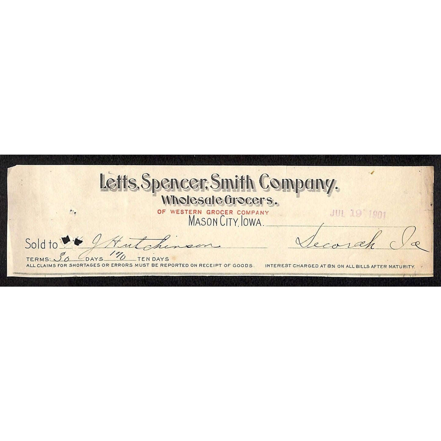 Letts, Spencer, Smith Co. Grocer Mason City IA / Hutchinson* 1901 Cut Billhead