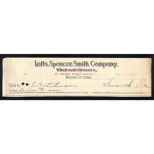 Letts, Spencer, Smith Co. Grocer Mason City IA / Hutchinson* 1901 Cut Billhead
