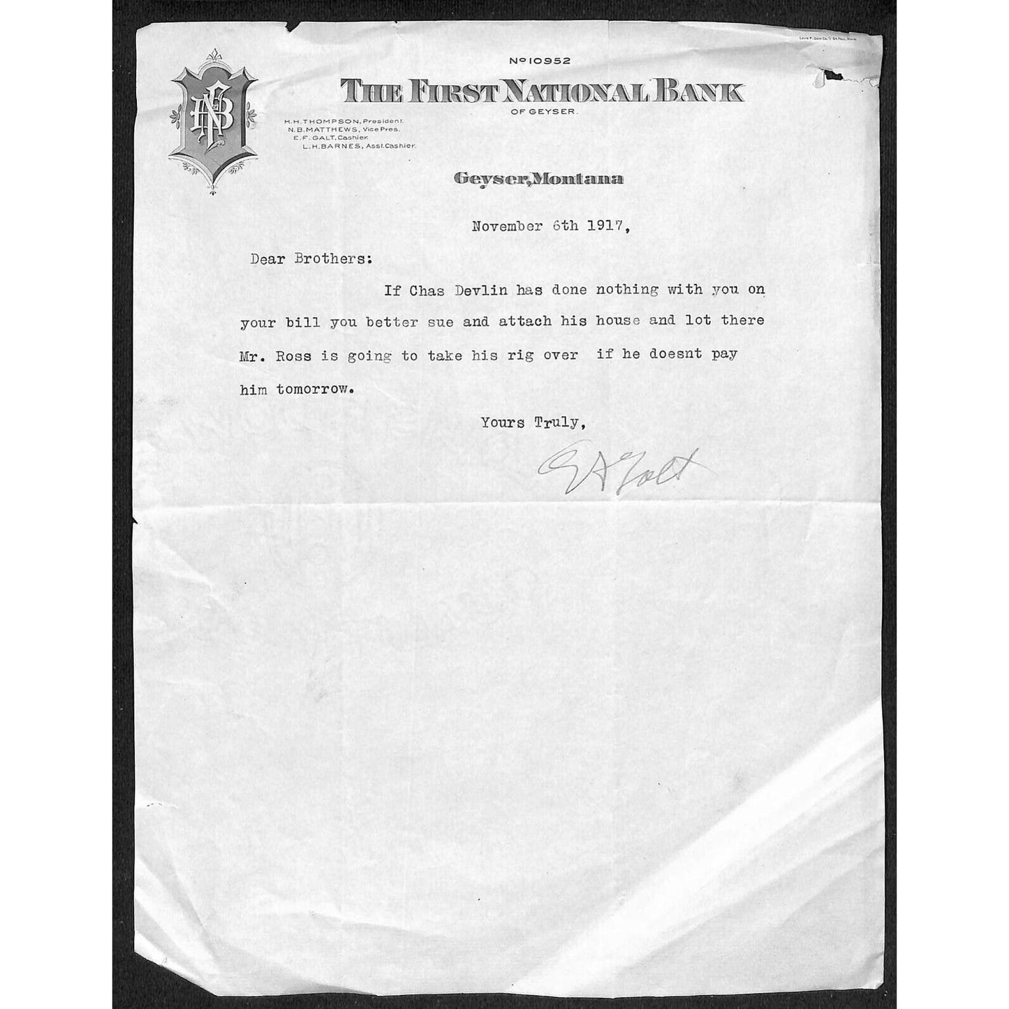 Geyser, MT First National Bank 1917 Letterhead "You Better Sue Him"