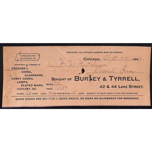 Burley & Tyrrell Crockery Chicago Hutchinson Decorah IA* Cut 1897 Billhead