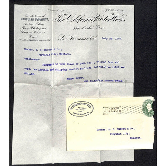 California Powder Works 1897 Letterhead + Cover S.R. Buford Virginia City, MT